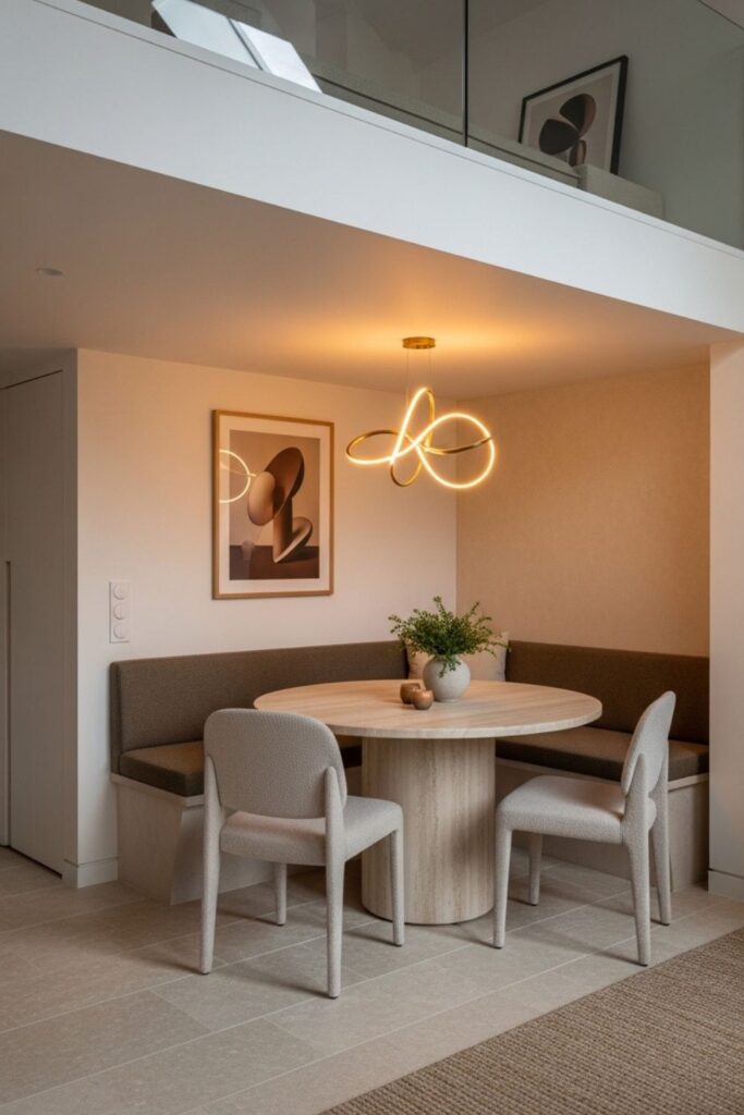 Sandstone Toned Dining Area Under Mezzanine with Sculptural Pendant