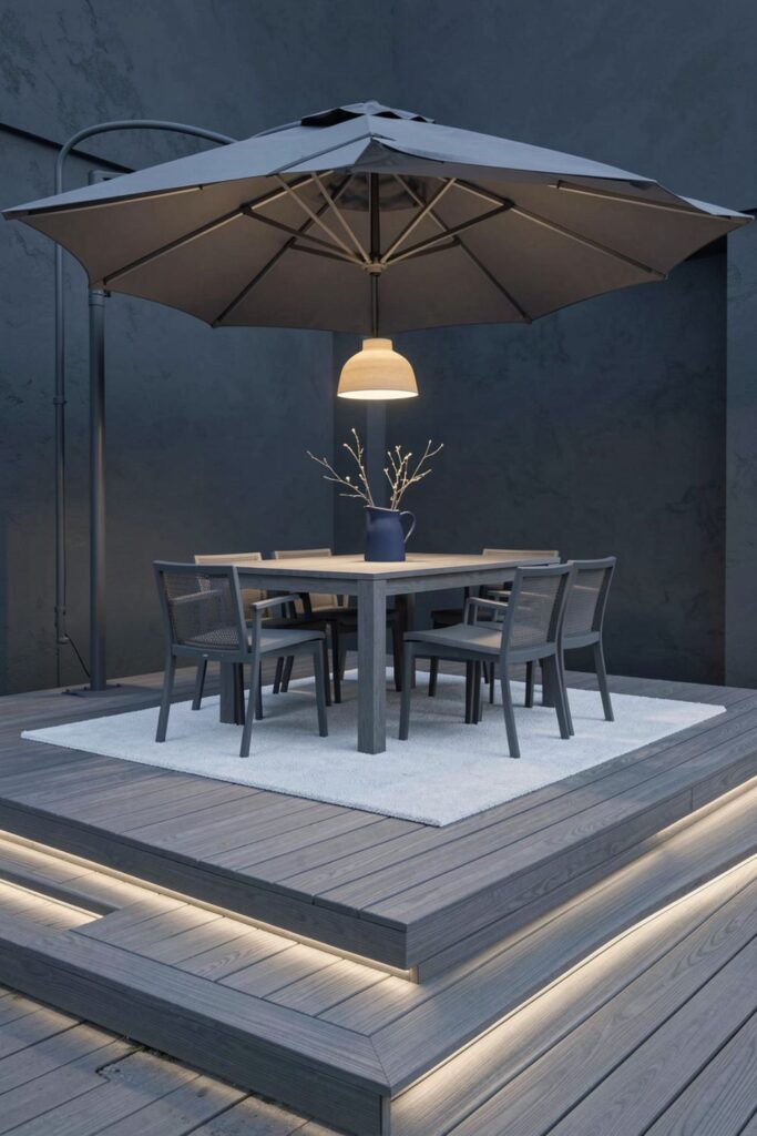 Scandinavian Ash Deck With Pendant Umbrella Lighting and Calm Seating