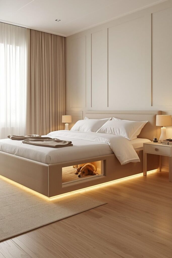 Scandinavian Minimalist Bedroom Decor With Built-In Dog Bed Furniture Feature