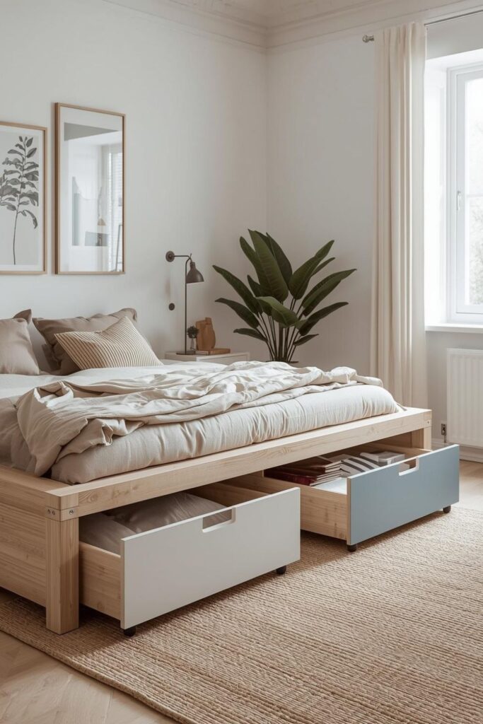 Scandinavian Under-Bed Storage Idea with Rolling Drawers and Neutral Bedding