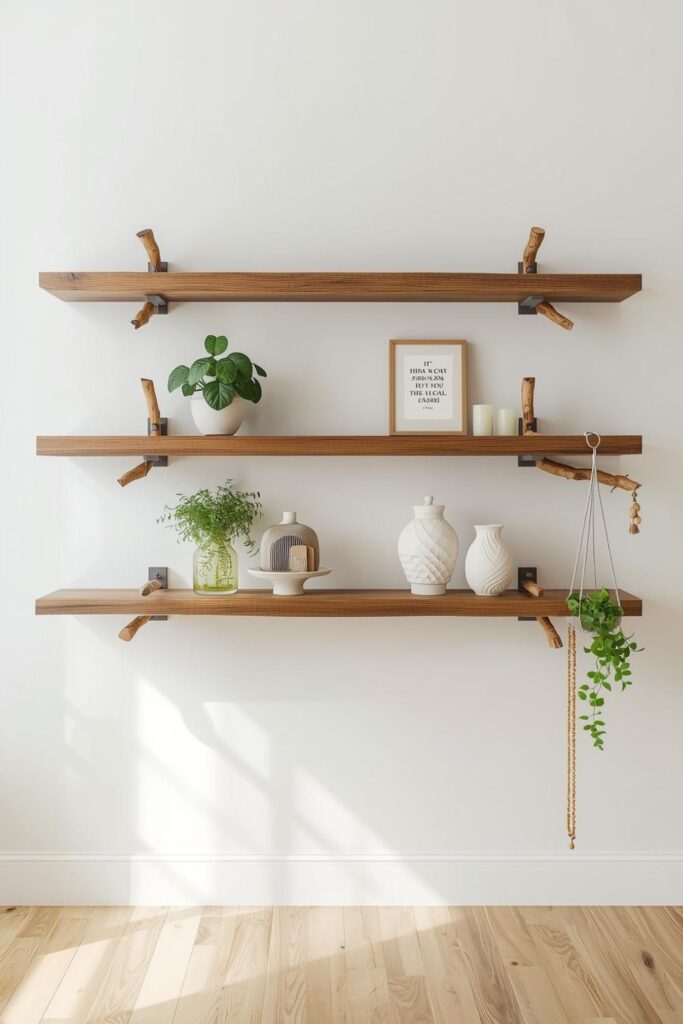 Scandinavian-inspired modern wall decor with wood shelves and greenery accents