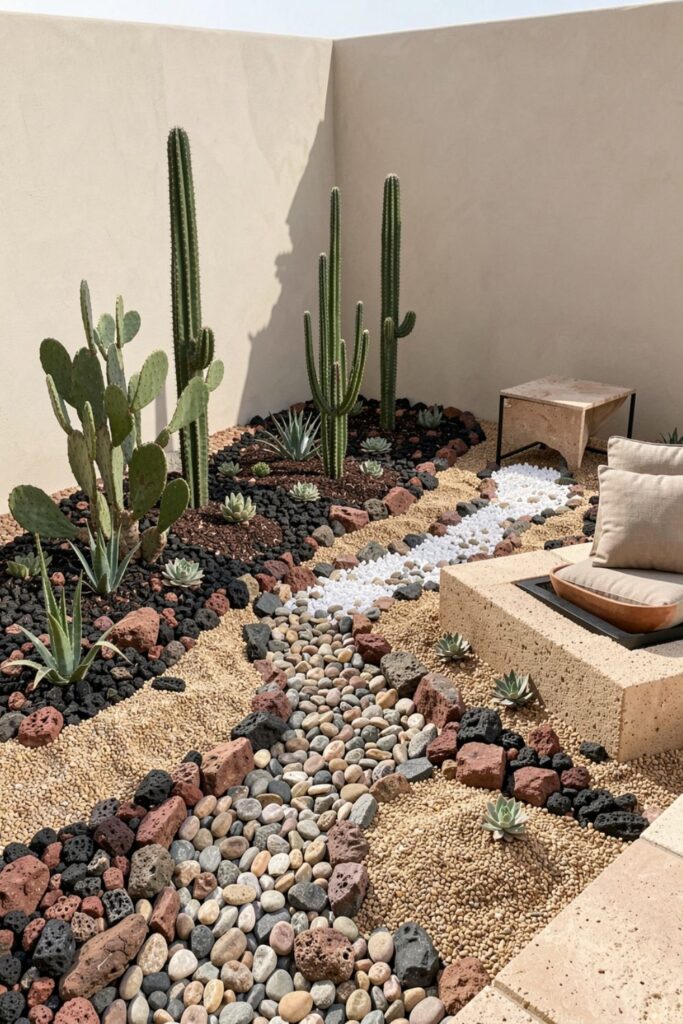 Sculptural Rock Garden with Cacti and Lava Rock Mulch