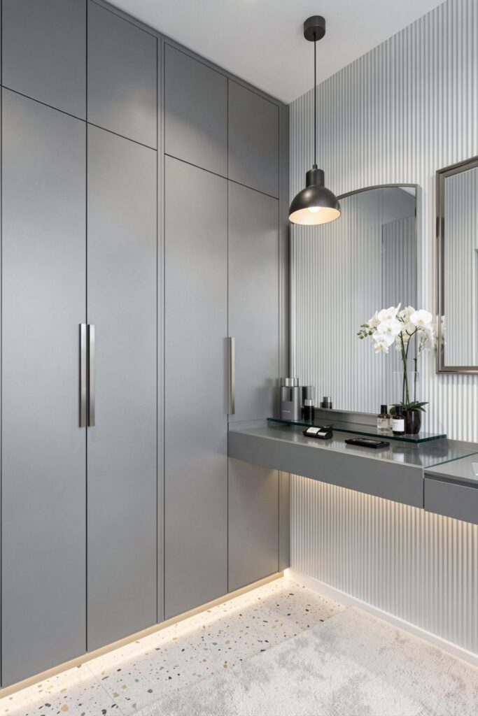 Silver-Grey Wardrobe With Mirror Vanity Rail and Terrazzo Floor