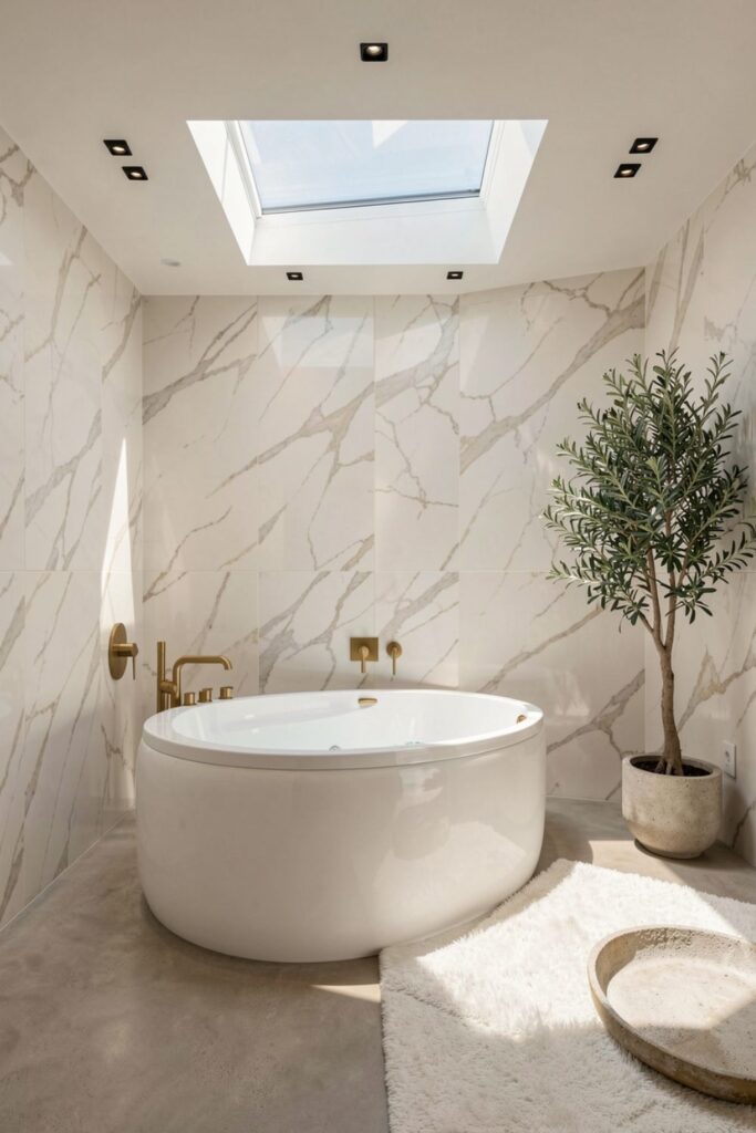 Skylit Marble Jacuzzi Bath With Indoor Olive Tree Corner