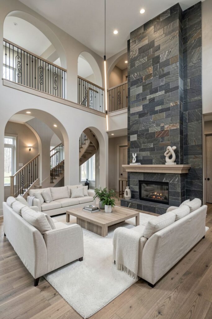 Slate Feature Fireplace With Ivory Linen Sofas And Iron Balcony