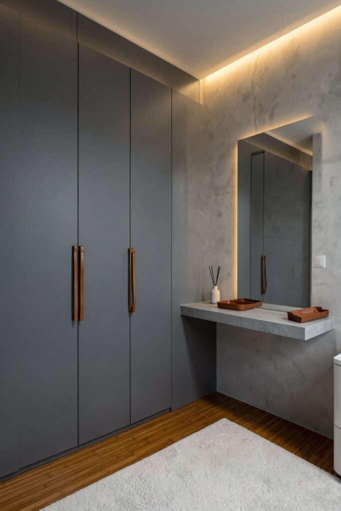 Slate-Grey Wardrobe With Leather Pulls and Mirror Vanity Shelf