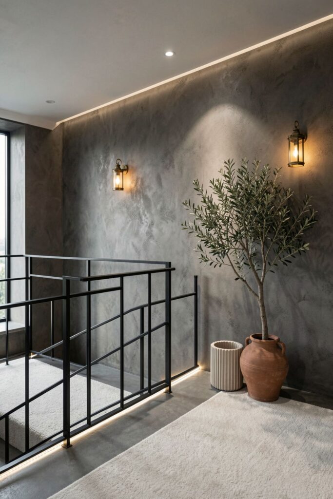 Slim Black Metal Railing Balcony With Warm Lantern Glow