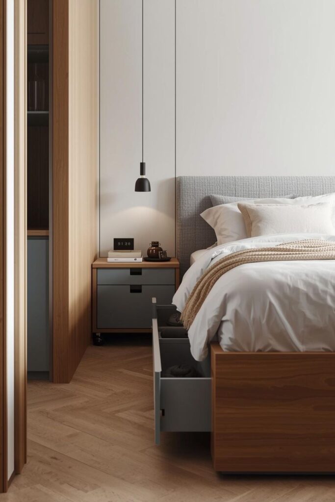 Small Apartment Storage Bed Idea with Soft Blue Under-Bed Drawers and Modern Decor