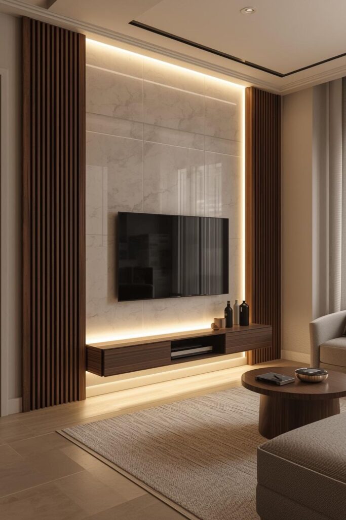 Small Space Marble TV Wall Ideas with Wood Panels and Warm LED Lighting