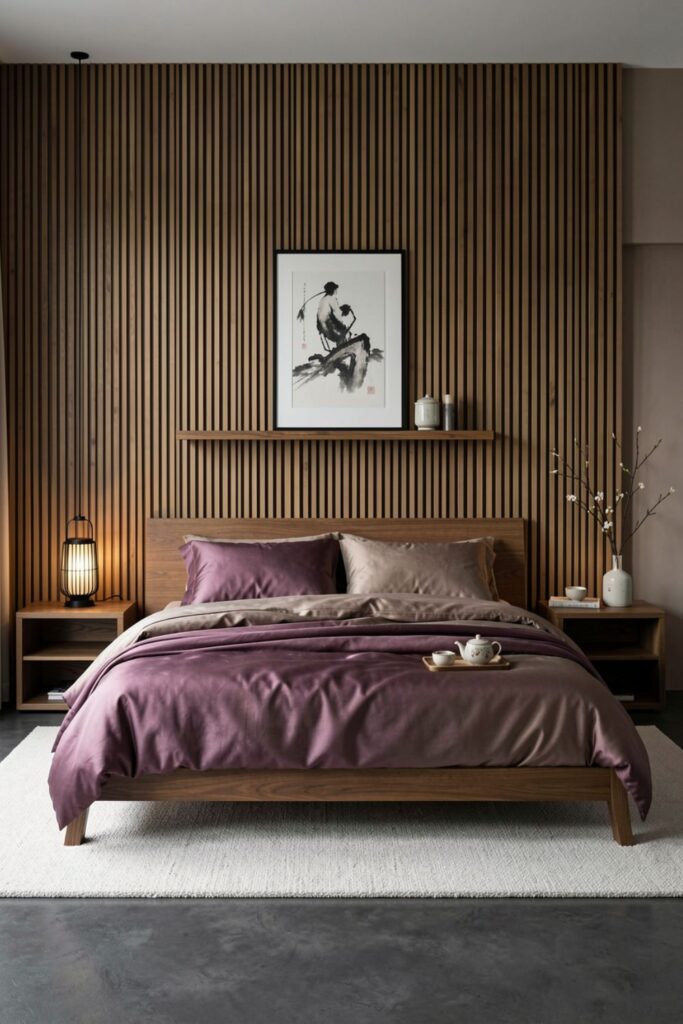 Smoky Plum Silk Duvet Set with Low Japanese-Inspired Bed