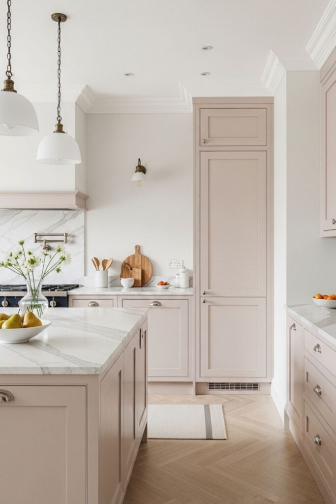 Soft Blush Cabinets With White Marble and Brushed Nickel