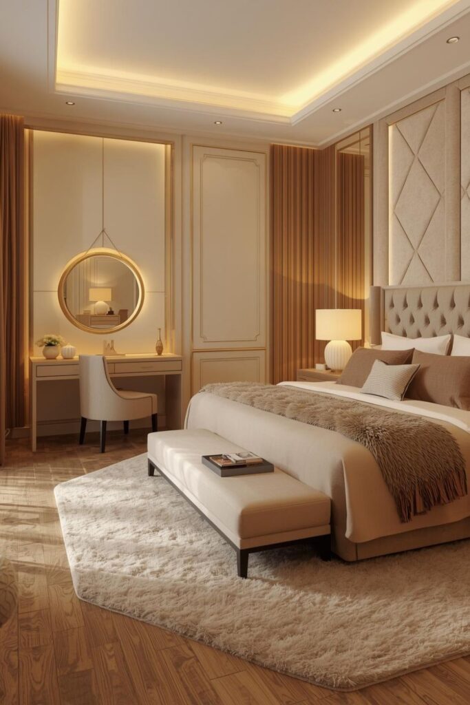 Soft Glam Bedroom Wall And Lighting Styling In Neutral Beige Tones