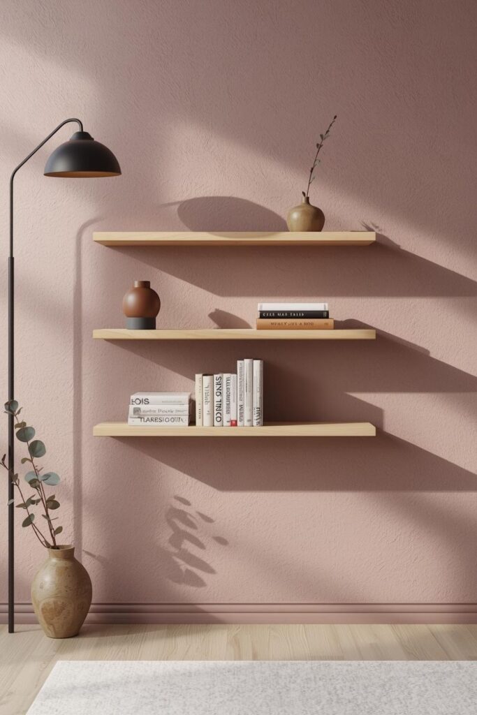 Soft Lavender Clay Art With Light Maple Shelf Lines