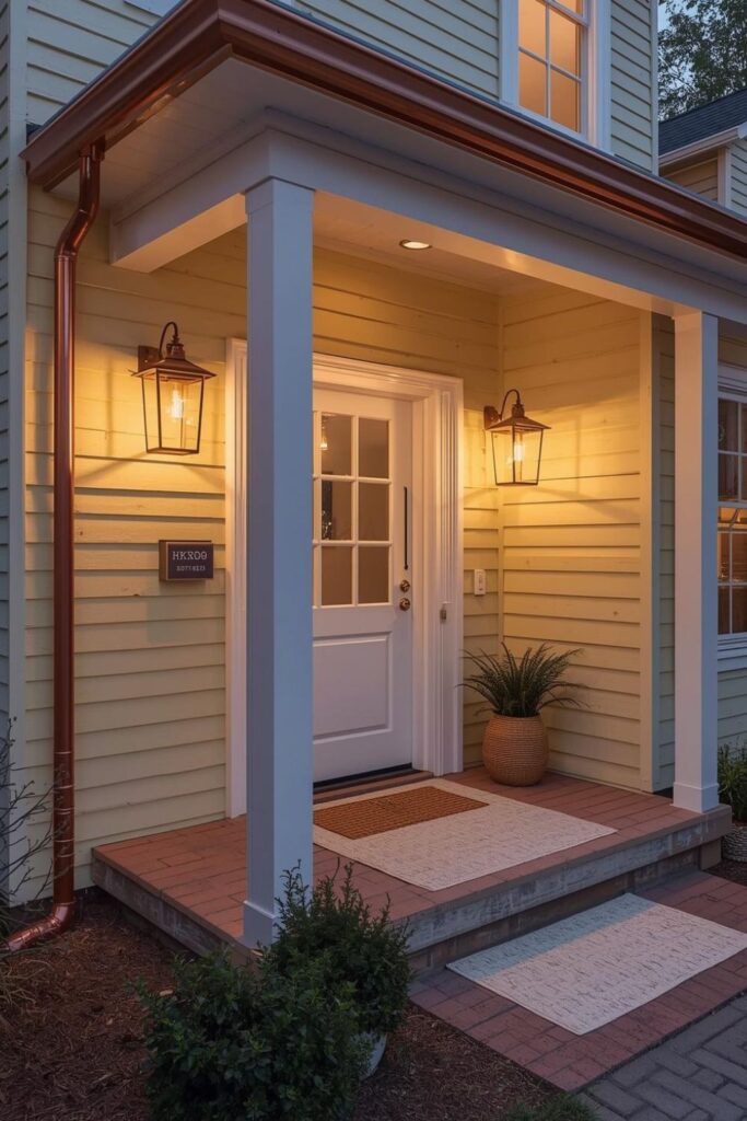 Soft Lemon Siding With White Trim and Copper Gutters