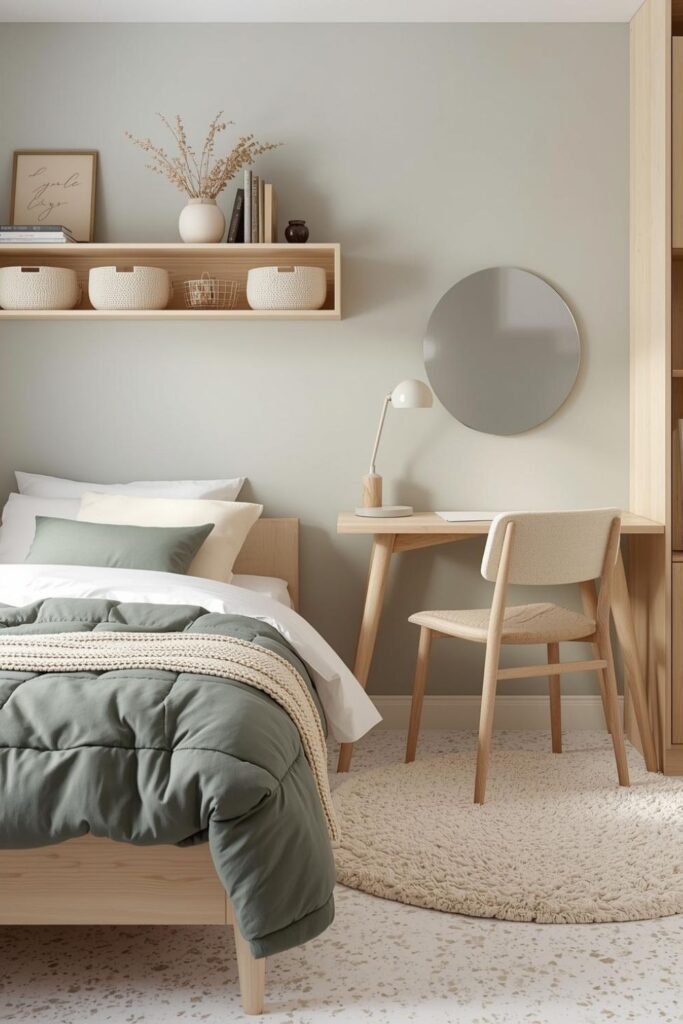 Soft Sage Bedroom with Peg Rail Shelves Over Study Desk