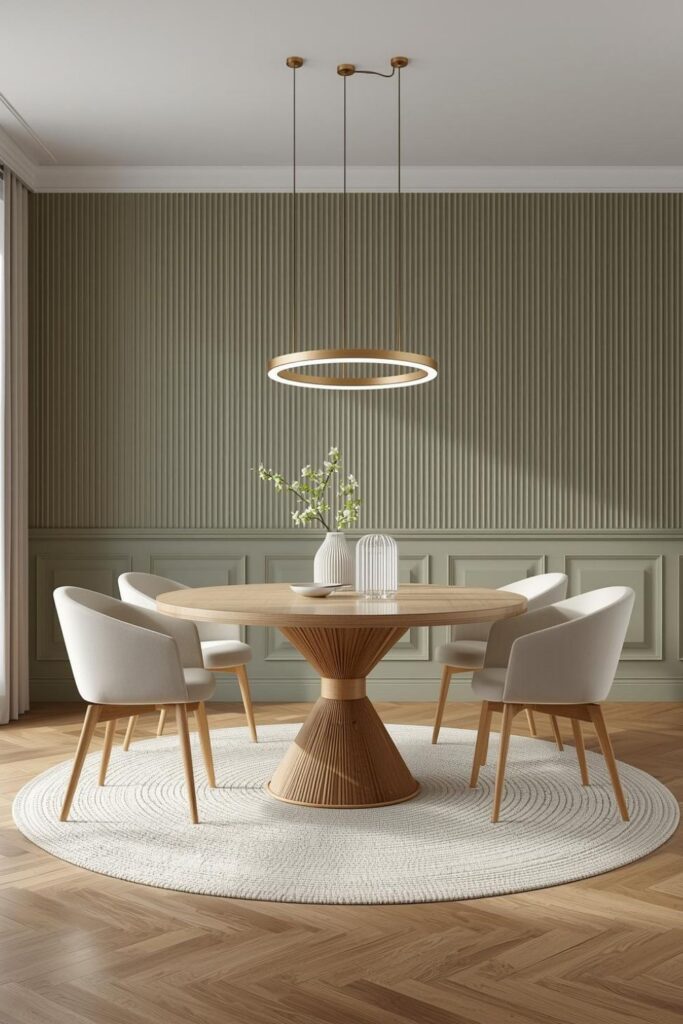 Soft Sage Dining Room with Fluted Wall and Gold Double Rings