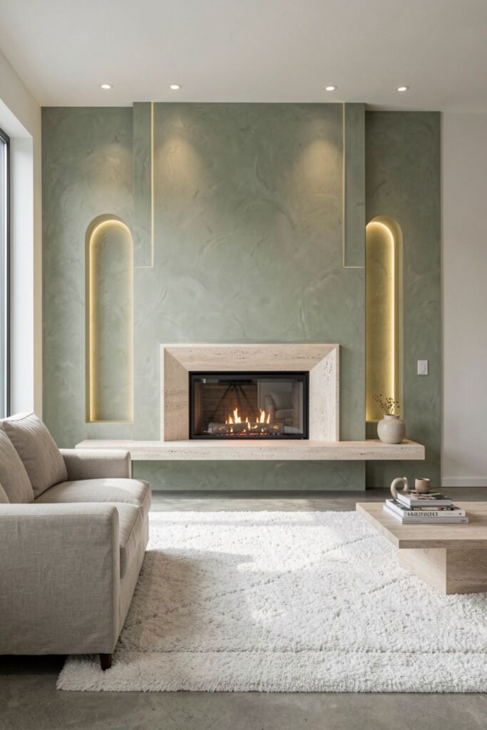 Soft Sage Vertical Slat Fireplace Wall With Limestone Surround