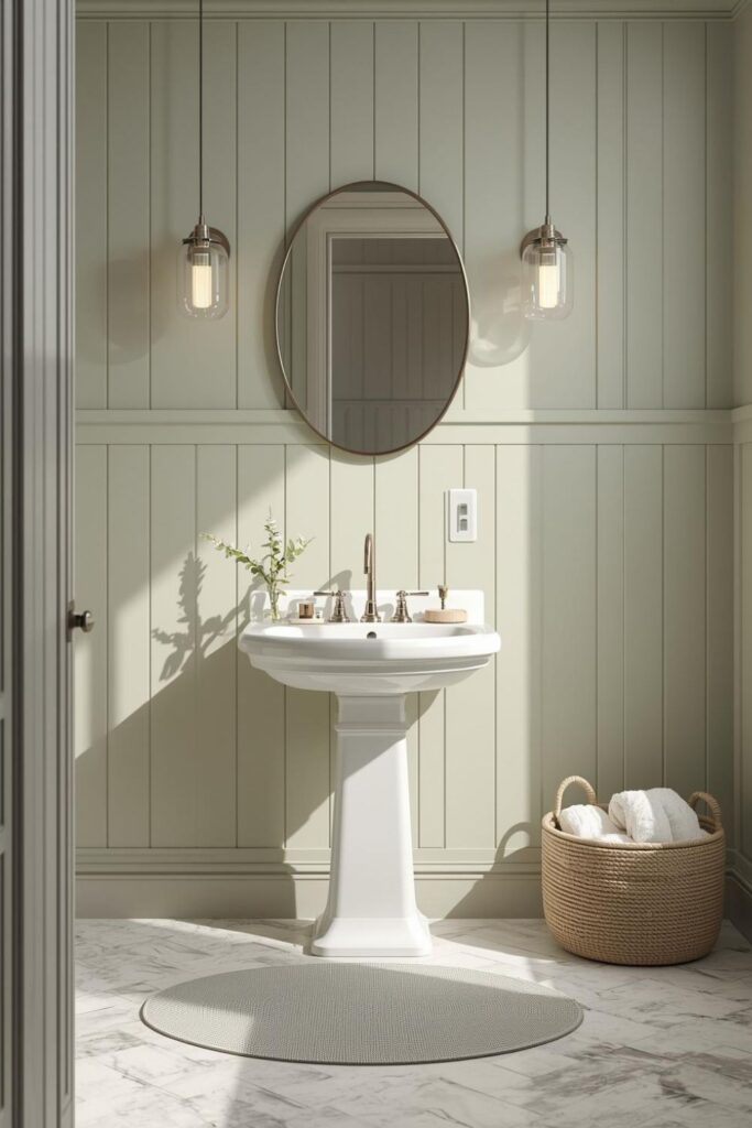 Soft Sage Wall Paneling With Polished Nickel Shine
