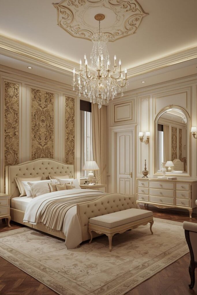 Sophisticated Luxury Classical Bedroom Design With Gold Accents