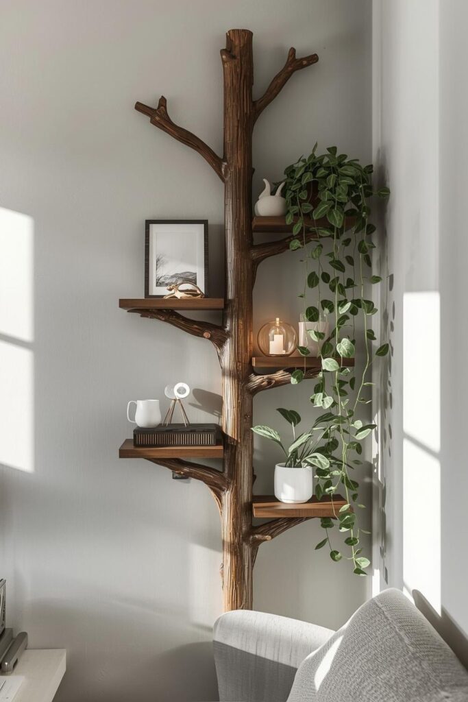 Space-saving wall decor idea branch shelves with floating wood storage