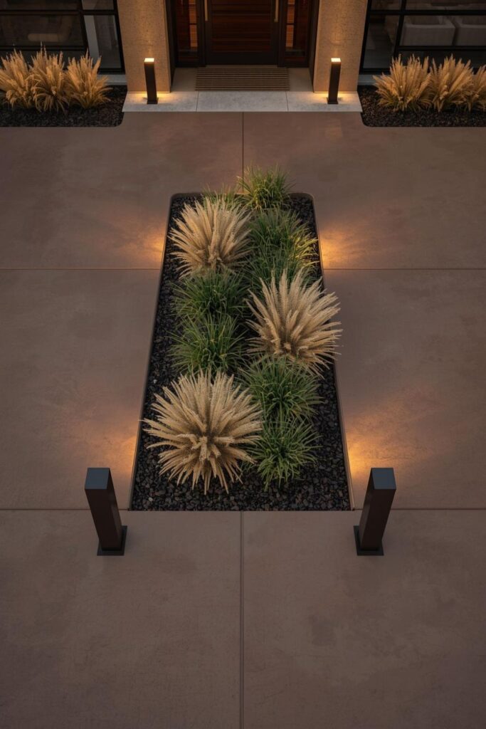 Split Drive Islands With Ornamental Grasses And Benches