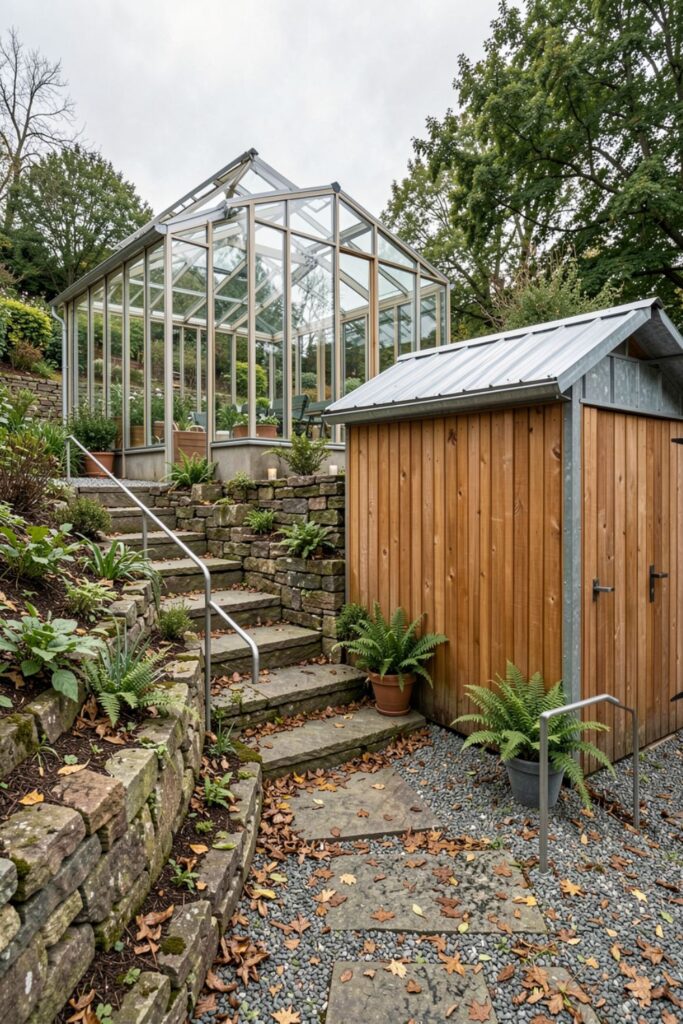 Split-Level Greenhouse and Shed With Stone Steps and Terracing