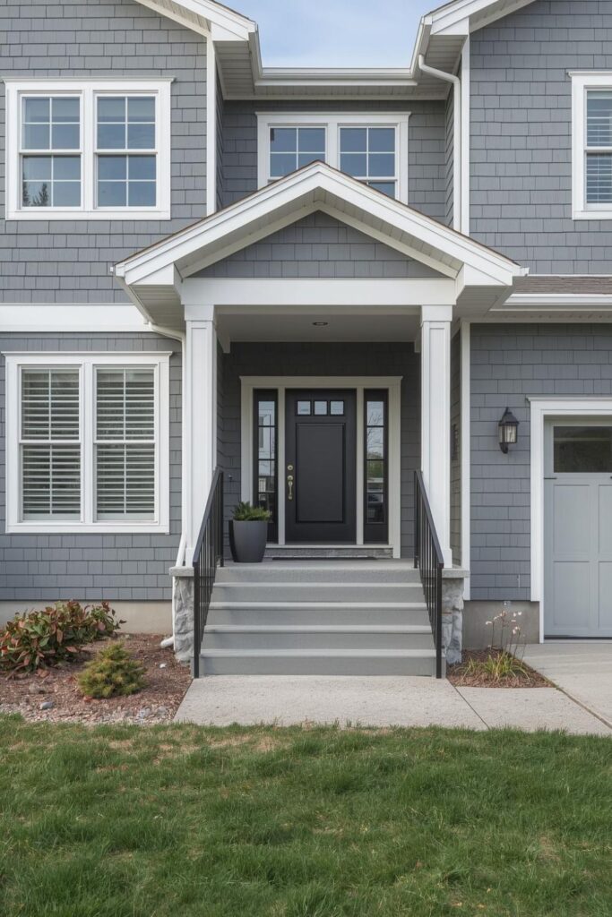 Split-Level Grey Exterior With White Trim And Updated Entry Steps