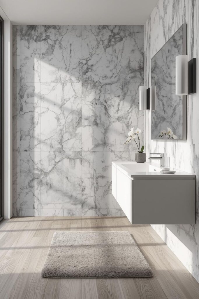 Statement Marble Slab Wall Behind A Floating Minimal Vanity