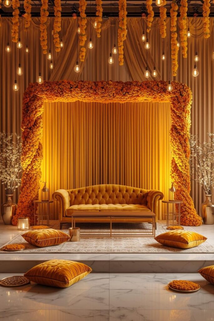 Sunlit Floral Arch Haldi Stage with Velvet Sofa Seating