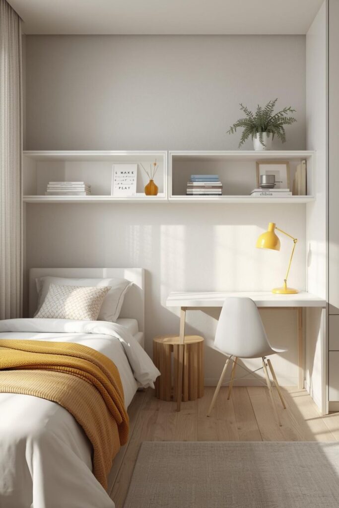 Sunny Mustard Accent Bedroom with White Floating Desk Storage