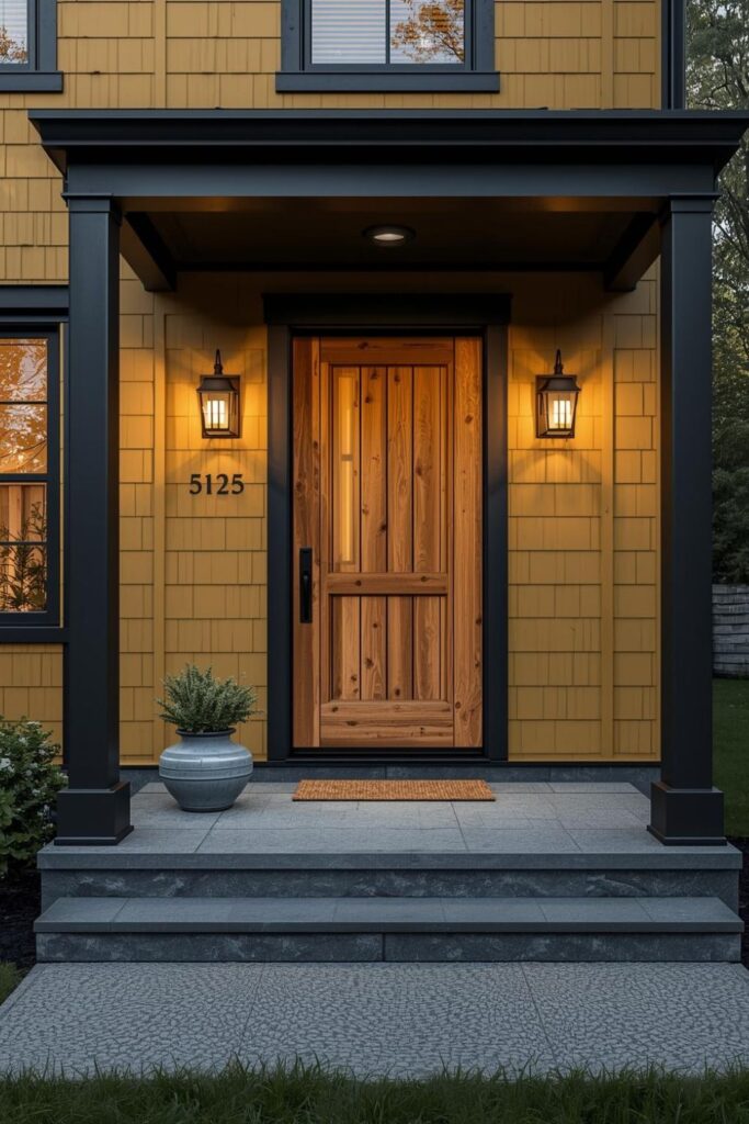 Sunny Yellow Cottage With Black Trim and Cedar Door