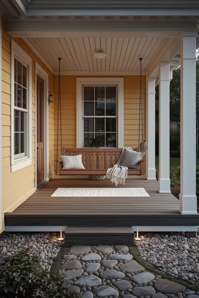 Sunwashed Yellow Cottage With Teak Porch Swing and Pebble Path