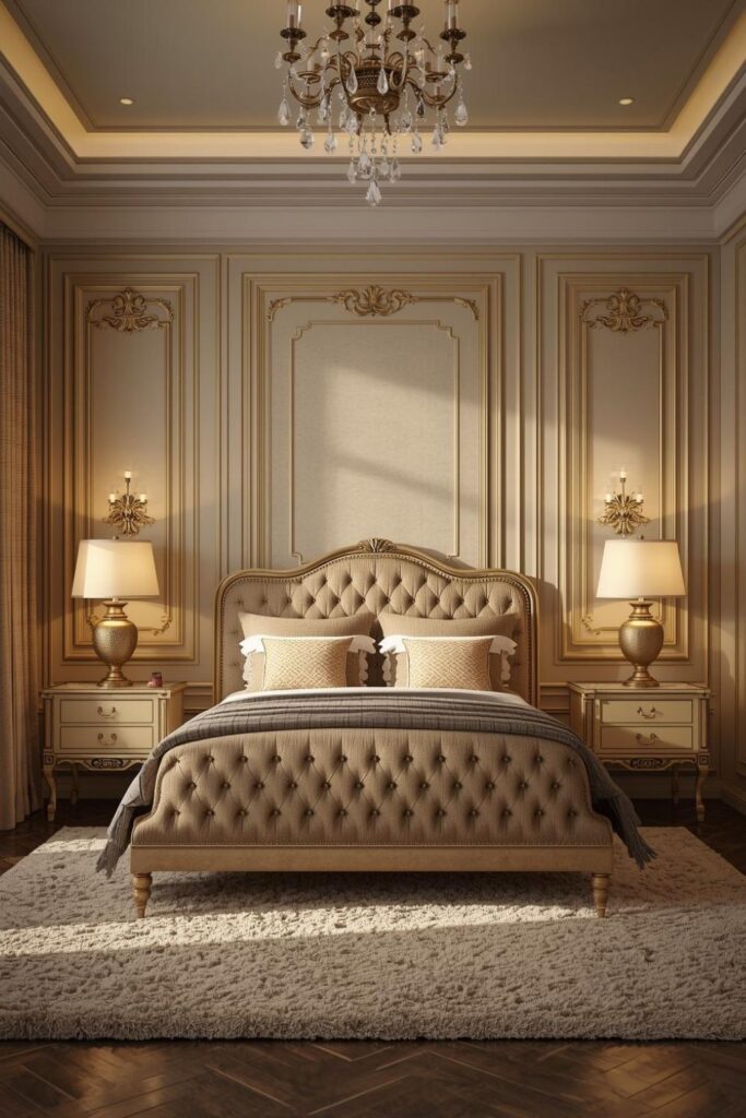 Symmetrical Classic European Master Bedroom in Warm Gold Tones