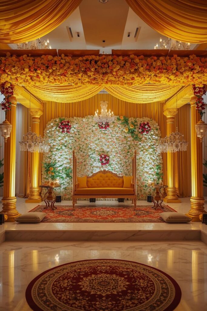 Symmetrical Mandap-Style Haldi Setup with Jhoola Swing Seating