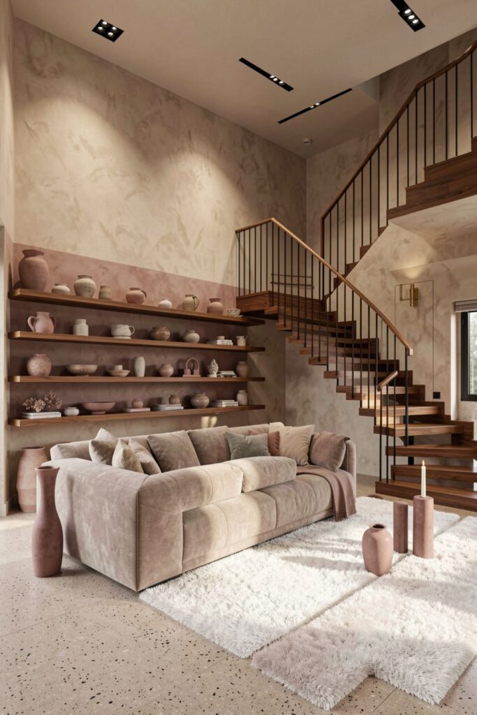 Teak Staircase Living Room with Dusty Rose Accents and Floating Shelves