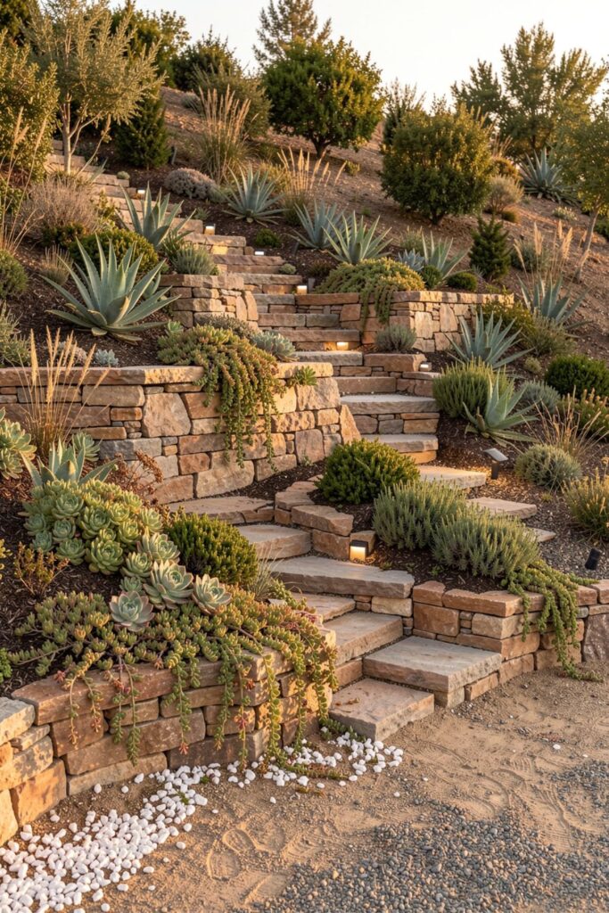 Terrace-Style Slope Garden with Stone Retaining Walls and Succulents
