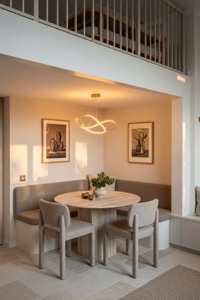 Sandstone Toned Dining Area Under Mezzanine with Sculptural Pendant