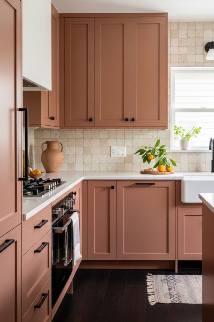 Terracotta Cabinets With Cream Tile and Dark Wood Contrast