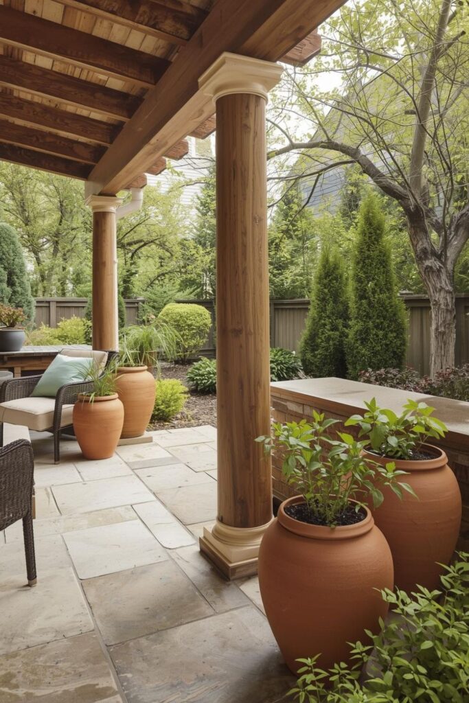 Terracotta Pots Styling For Mediterranean Garden Pergola Patio With Natural Stone