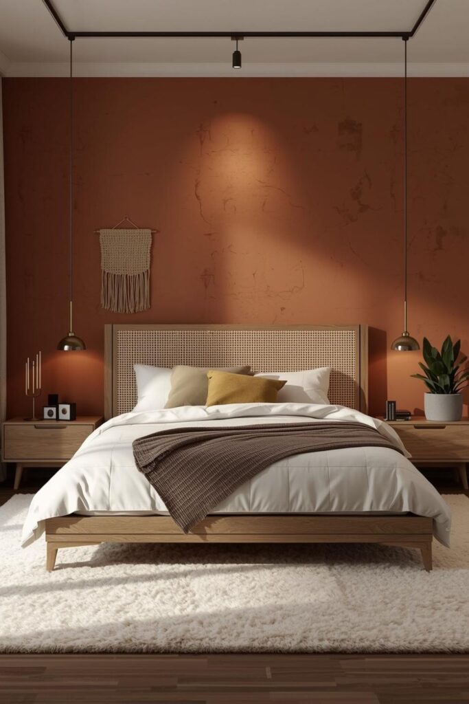 Terracotta and Clay Tones With a Cane-Inset Headboard