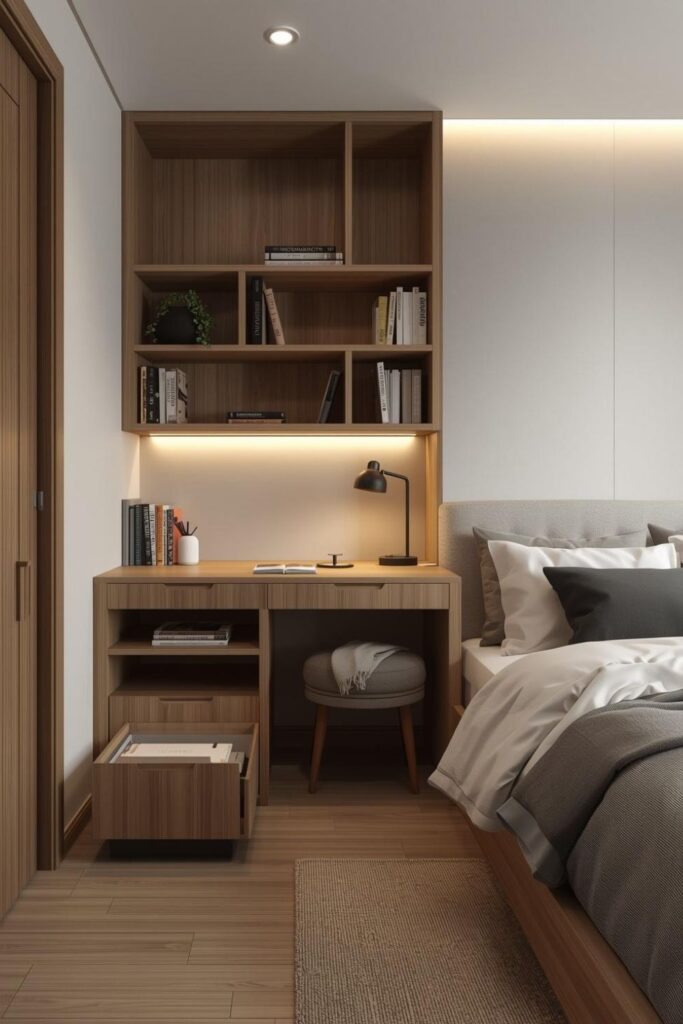 Tiny Bedroom Workspace Idea with Floating Desk, Shelves, and Neutral Style