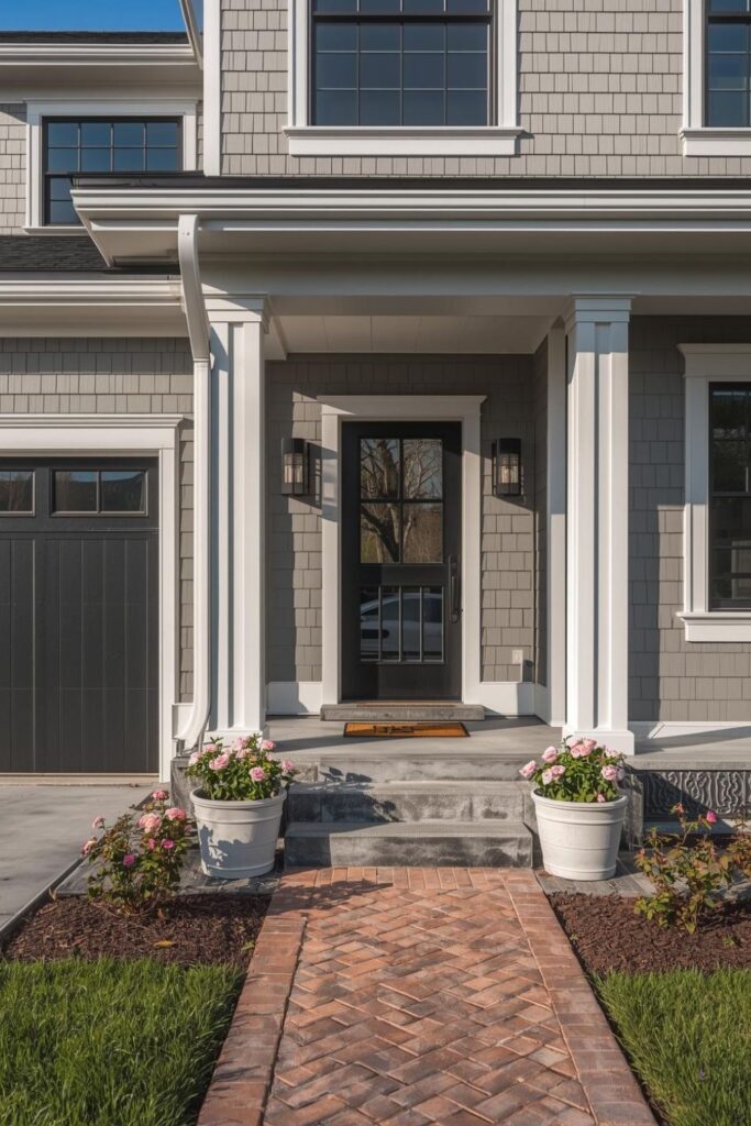 Transitional Grey Lap Siding With White Trim And Brick Walkway
