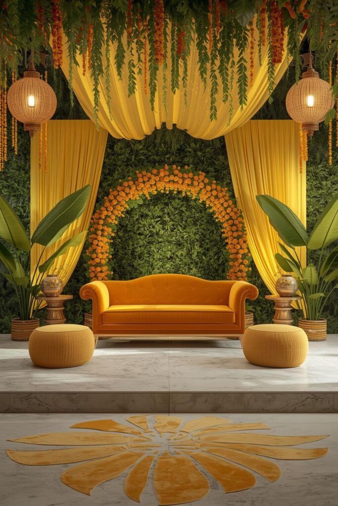 Tropical Haldi Stage with Banana Leaves and Velvet Wedding Sofa