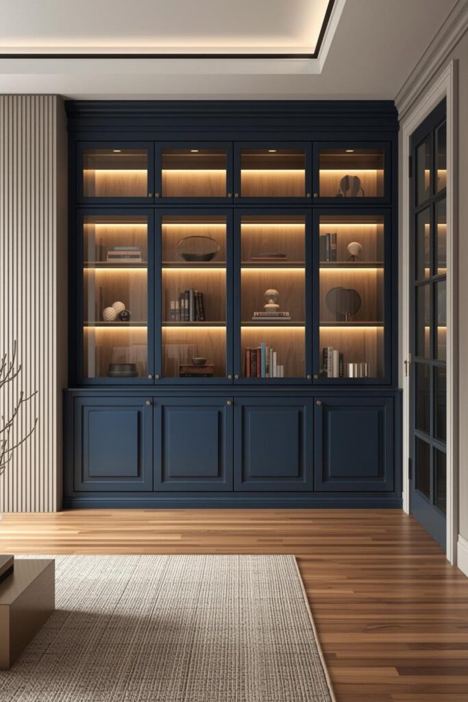 Two-Tone Cabinet Library With Glass Uppers And LED Shelves