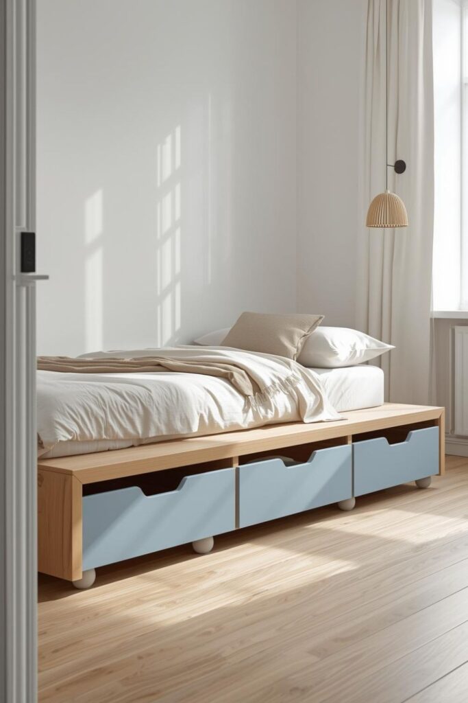 Under-Bed Storage Drawers with Natural Wood Bed Frame and Minimalist Bedroom Organisation