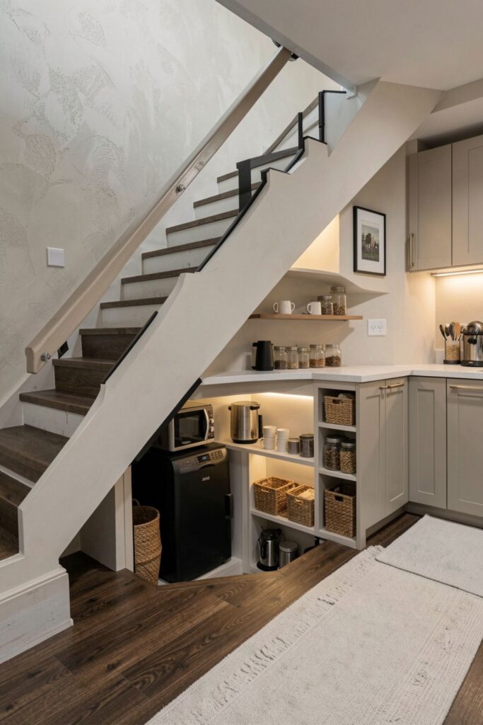 Under-Stairs Appliance Garage Pantry With Hidden Outlets and Door