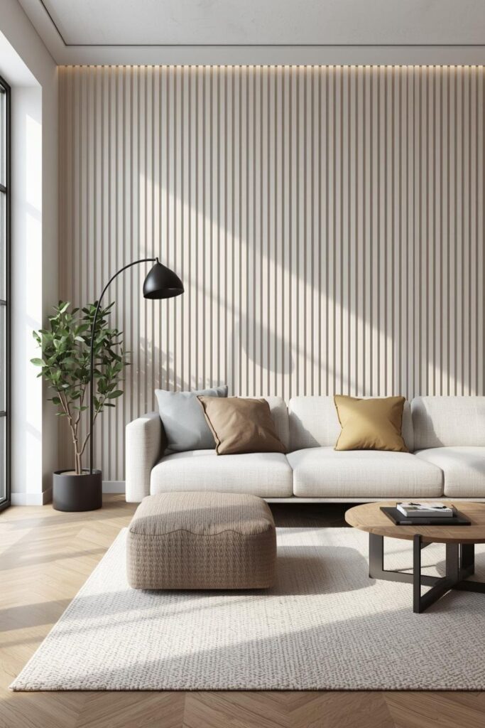 Vertical Oak Slats Behind Sofa for a Crisp Living Room