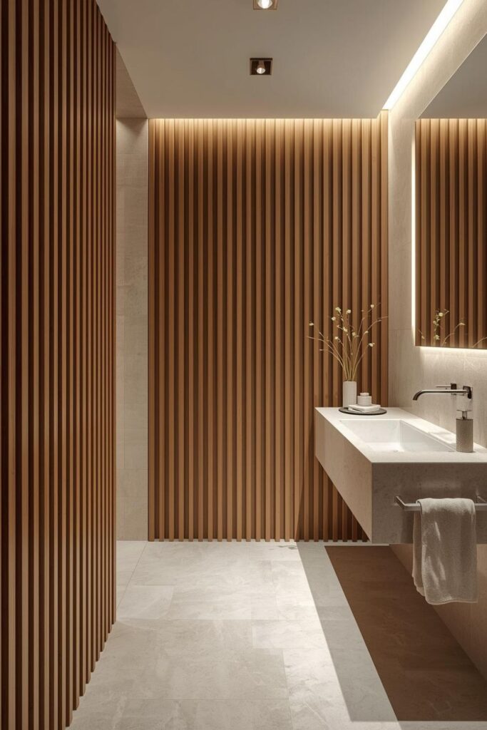 Vertical Wood Slat Wall Accent For Warm Modern Spa Bathroom