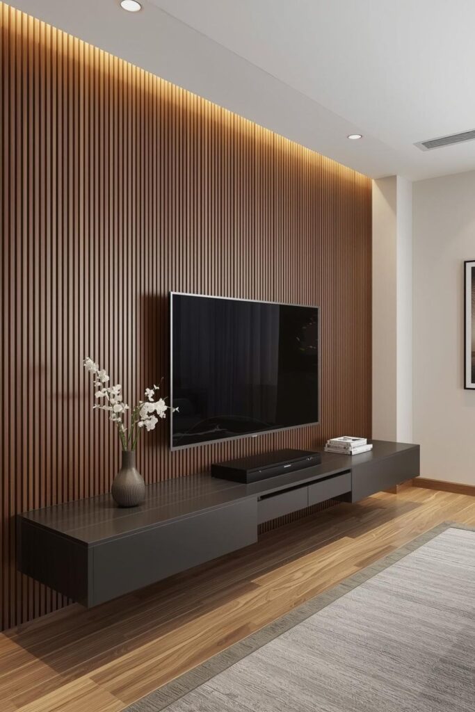 Walnut Slat TV Wall with Floating Media Console Elegance