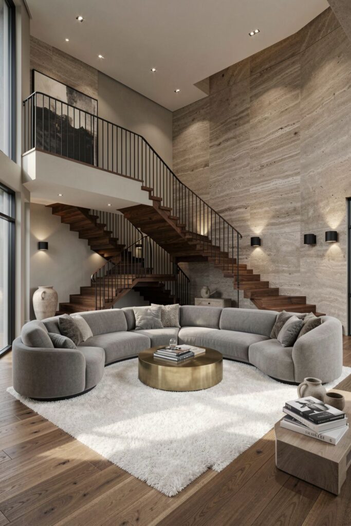 Walnut Staircase Living Room with Limestone Wall and Curved Sofa
